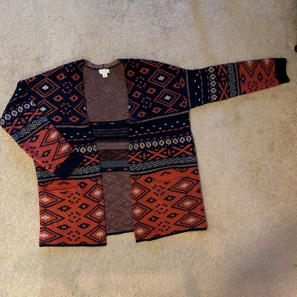 Thick stretchy open cardigan in cool tones; navy, coral and ice blue - Picture 1 of 6